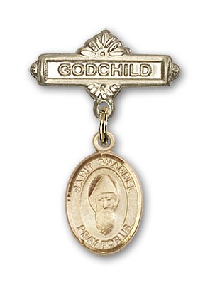 Pin Badge with St. Sharbel Charm and Godchild Badge Pin - 14K Solid Gold