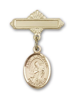 Pin Badge with St. Alphonsus Charm and Polished Engravable Badge Pin - Gold Tone