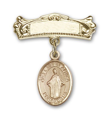Pin Badge with Our Lady of Africa Charm and Arched Polished Engravable Badge Pin - 14K Solid Gold