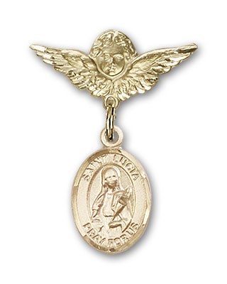 Pin Badge with St. Lucia of Syracuse Charm and Angel with Smaller Wings Badge Pin - Gold Tone