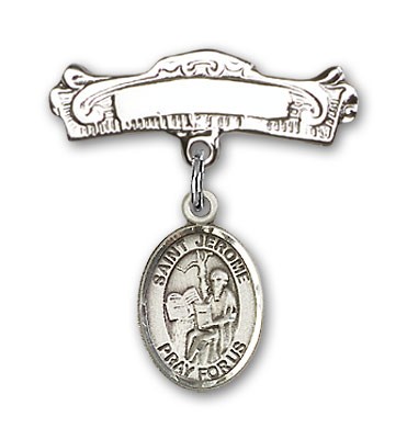 Pin Badge with St. Jerome Charm and Arched Polished Engravable Badge Pin - Silver tone