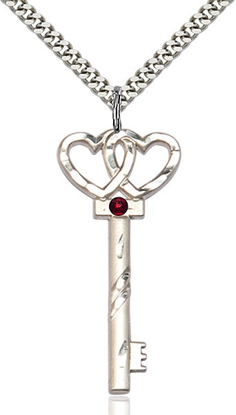 Larger Double Hearts Key Pendant with Birthstone - Garnet