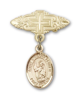 Pin Badge with St. Vincent Ferrer Charm and Badge Pin with Cross - 14K Solid Gold