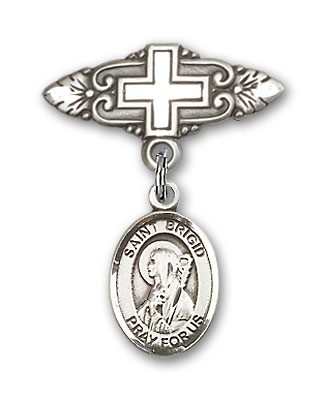 Pin Badge with St. Brigid of Ireland Charm and Badge Pin with Cross - Silver tone