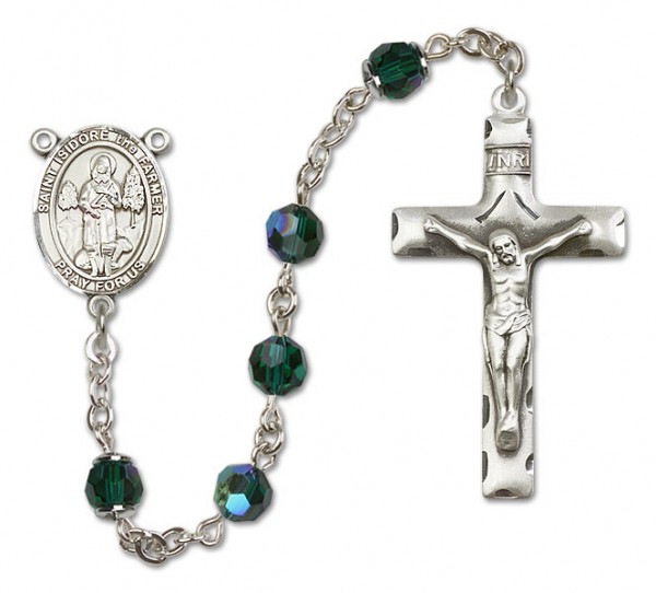 St. Isidore the Farmer Sterling Silver Heirloom Rosary Squared Crucifix - Emerald Green