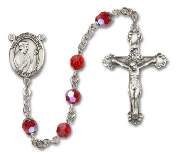 St. Thomas More Sterling Silver Heirloom Rosary Fancy Crucifix - Ruby Red