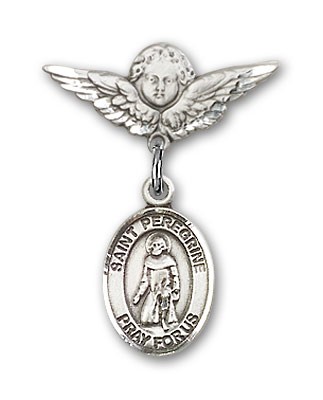 Pin Badge with St. Peregrine Laziosi Charm and Angel with Smaller Wings Badge Pin - Silver tone