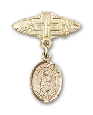 Pin Badge with St. Grace Charm and Badge Pin with Cross - 14K Solid Gold