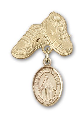 Baby Badge with Our Lady of Peace Charm and Baby Boots Pin - 14K Solid Gold