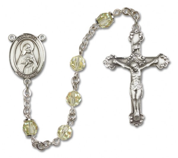 St. Rita of Cascia Sterling Silver Heirloom Rosary Fancy Crucifix - Zircon