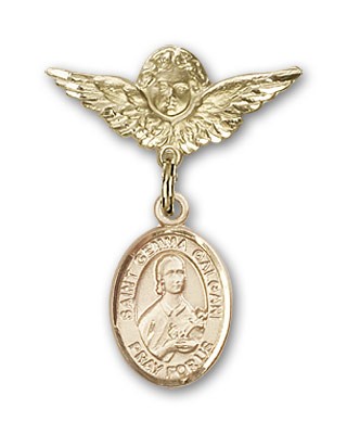 Pin Badge with St. Gemma Galgani Charm and Angel with Smaller Wings Badge Pin - 14K Solid Gold