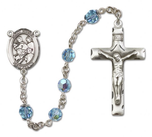 St. Cecilia with Marching Band Sterling Silver Heirloom Rosary Squared Crucifix - Aqua