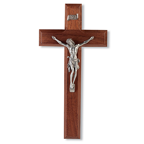 Beveled Edge Walnut Wood Wall Crucifix - 10 inch - Brown