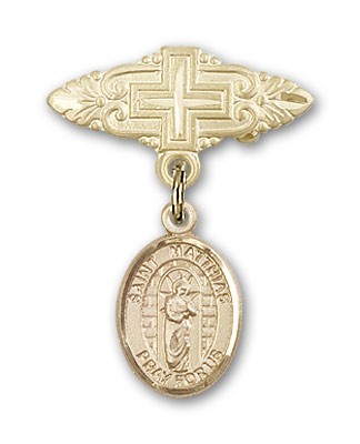 Pin Badge with St. Matthias the Apostle Charm and Badge Pin with Cross - Gold Tone