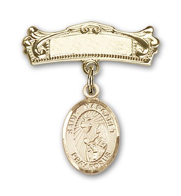 Pin Badge with St. Margaret Mary Alacoque Charm and Arched Polished Engravable Badge Pin - 14K Solid Gold
