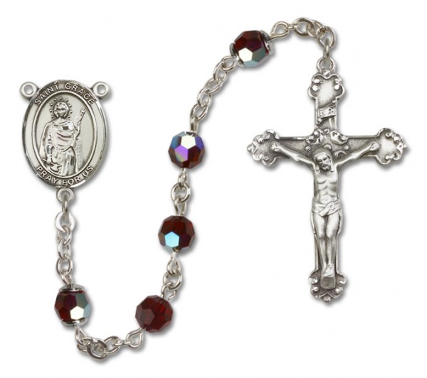 St. Grace Sterling Silver Heirloom Rosary Fancy Crucifix - Garnet