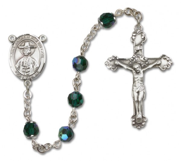 St. Andrew Kim Taegon Sterling Silver Heirloom Rosary Fancy Crucifix - Emerald Green