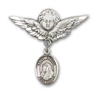 Pin Badge with St. Bruno Charm and Angel with Larger Wings Badge Pin - Silver tone