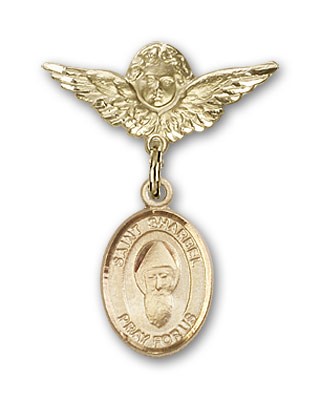 Pin Badge with St. Sharbel Charm and Angel with Smaller Wings Badge Pin - Gold Tone