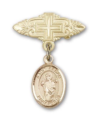 Pin Badge with St. Aedan of Ferns Charm and Badge Pin with Cross - Gold Tone