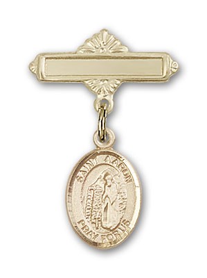 Pin Badge with St. Aaron Charm and Polished Engravable Badge Pin - 14K Solid Gold