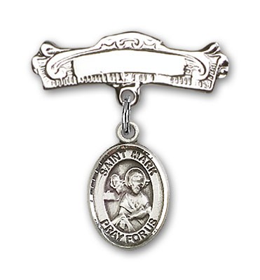 Pin Badge with St. Mark the Evangelist Charm and Arched Polished Engravable Badge Pin - Silver tone