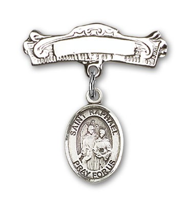 Pin Badge with St. Raphael the Archangel Charm and Arched Polished Engravable Badge Pin - Silver tone