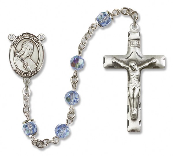 St. Philomena Sterling Silver Heirloom Rosary Squared Crucifix - Light Sapphire