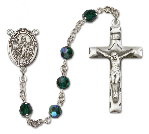 Lord Is My Shepherd Sterling Silver Heirloom Rosary Squared Crucifix - Emerald Green