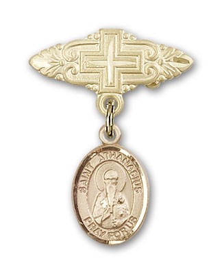 Pin Badge with St. Athanasius Charm and Badge Pin with Cross - 14K Solid Gold
