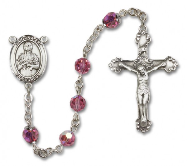 St. Kateri Sterling Silver Heirloom Rosary Fancy Crucifix - Rose