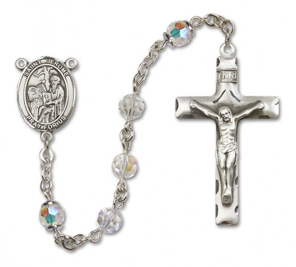 St. Jerome Sterling Silver Heirloom Rosary Squared Crucifix - Crystal
