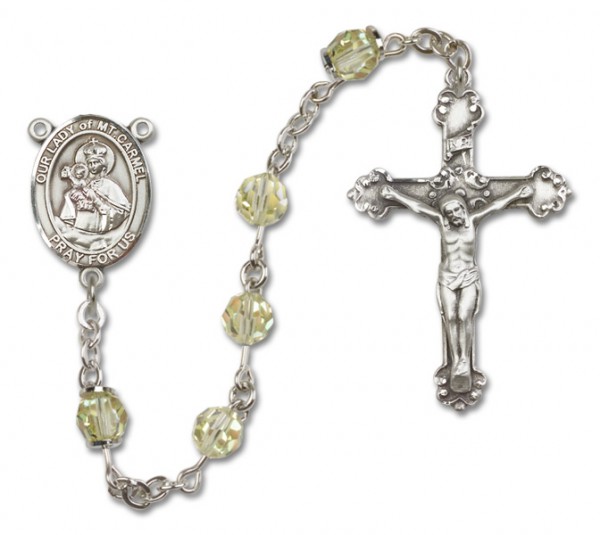Our Lady of Mount Carmel Sterling Silver Heirloom Rosary Fancy Crucifix - Zircon