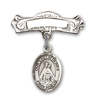 Pin Badge with Our Lady of Olives Charm and Arched Polished Engravable Badge Pin - Silver tone