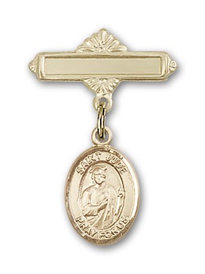 Pin Badge with St. Jude Thaddeus Charm and Polished Engravable Badge Pin - 14K Solid Gold