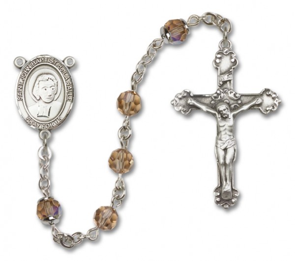 St. John Baptist de la Salle Sterling Silver Heirloom Rosary Fancy Crucifix - Topaz