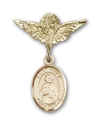 Pin Badge with St. Philip the Apostle Charm and Angel with Smaller Wings Badge Pin - Gold Tone