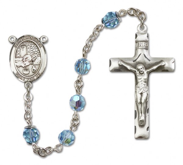 St. Rosalia Sterling Silver Heirloom Rosary Squared Crucifix - Aqua