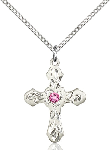Medium Floral and Petal Cross Pendant with Birthstone Options - Rose