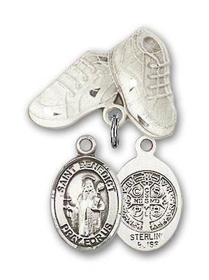 Pin Badge with St. Benedict Charm and Baby Boots Pin - Silver tone