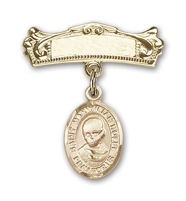 Pin Badge with St. Maximilian Kolbe Charm and Arched Polished Engravable Badge Pin - 14K Solid Gold