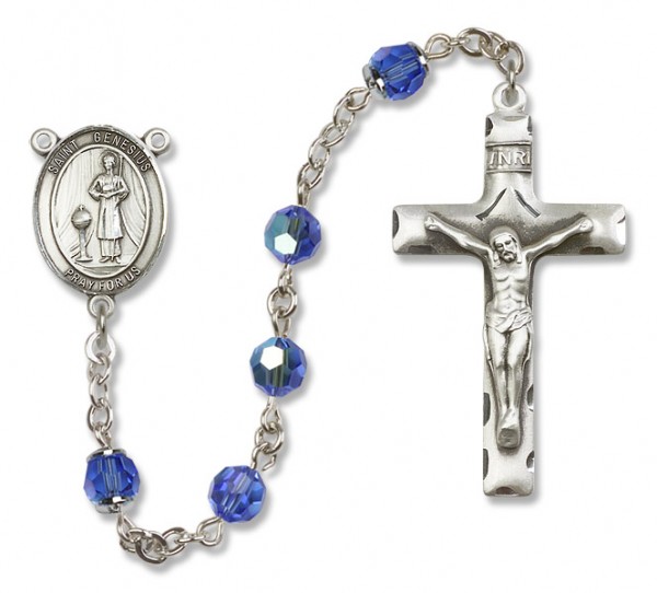 St. Genesius of Rome Sterling Silver Heirloom Rosary Squared Crucifix - Sapphire