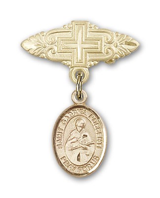 Pin Badge with St. Gabriel Possenti Charm and Badge Pin with Cross - Gold Tone
