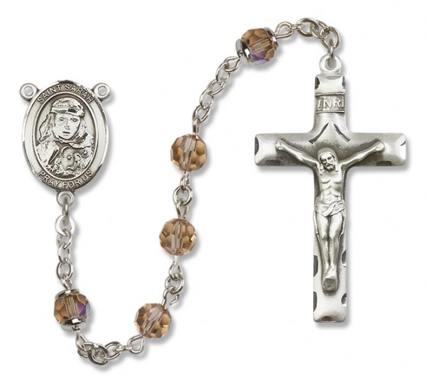 St. Sarah Sterling Silver Heirloom Rosary Squared Crucifix - Topaz