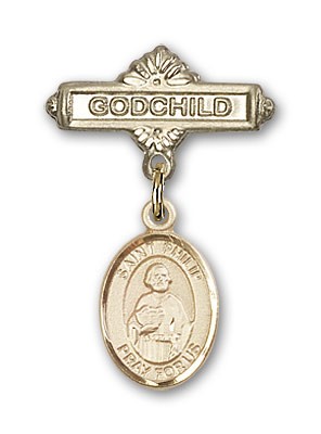 Pin Badge with St. Philip the Apostle Charm and Godchild Badge Pin - Gold Tone