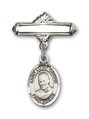 Pin Badge with St. Luigi Orione Charm and Polished Engravable Badge Pin - Silver tone