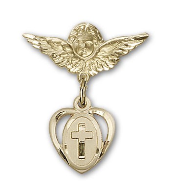 Pin Badge with Cross Charm and Angel with Smaller Wings Badge Pin - Gold Tone