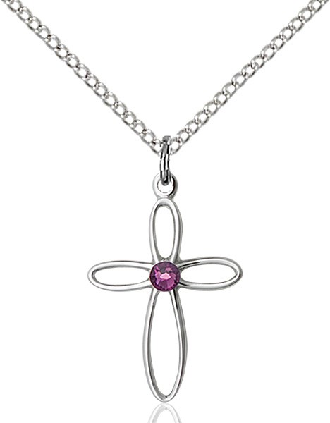 Cut-Out Cross Pendant with Birthstone Options - Amethyst