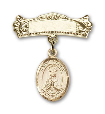 Pin Badge with St. Henry II Charm and Arched Polished Engravable Badge Pin - 14K Solid Gold