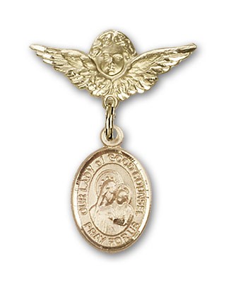 Pin Badge with Our Lady of Good Counsel Charm and Angel with Smaller Wings Badge Pin - Gold Tone